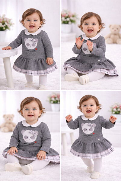 DIDuStore Sani Gri Sevimli Ayı Aplikeli ve Ekose Etek Detaylı Kız Çocuk Elbisesi