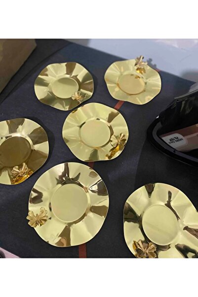 Elzemm store 6 Li Gold Dalgali Model Kelebek Aksesuarlı Çay Tabağı Lux Sunum