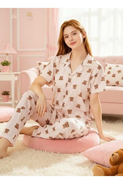 NiCe İç Giyim Εκρού Χρώμα Ροζ Ριγέ Αρκουδάκια με σχέδιο Χαριτωμένο ανοιξιάτικ...