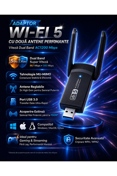 TICUSAN Adaptor wireless USB 3.0 cu bandă duală, 1300 Mbps, 2.4/5 GHz, rază lungă de acțiune, 2 antene