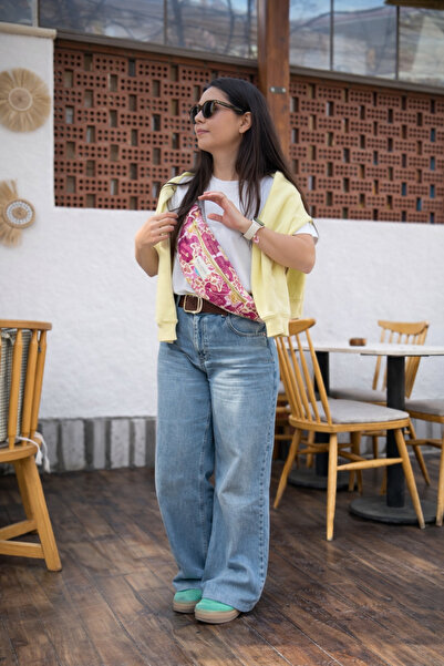 WOLF & ROCK Gold Detaylı Pembe Etnik Desen Kumaş Bel ve Omuz Çantası