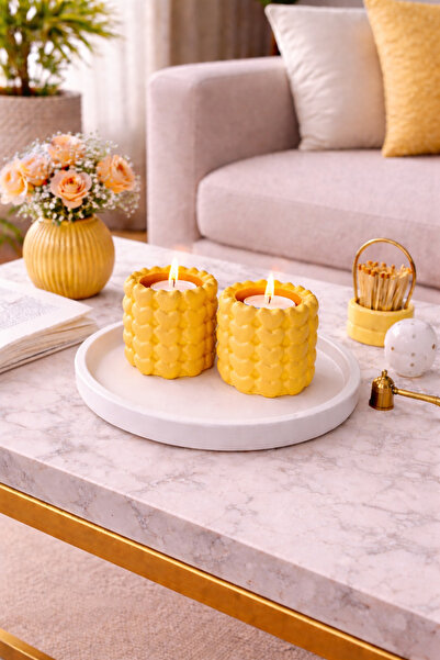 BUBUHOMEDECOR Tabaklı 2 ‘Li kalp dekoratif Mumluk Sarı