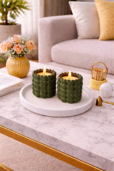 BUBUHOMEDECOR Tabaklı 2 ‘Li kalp dekoratif Mumluk yeşil