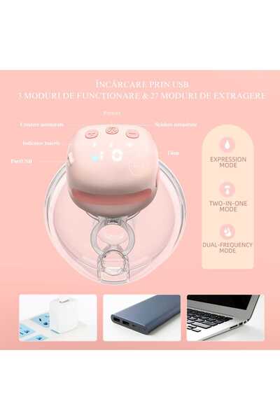 e-Wantay Pompa de Sân Electrică Dublă, 3 Moduri, 27 Niveluri, Masaj, USB-C, LCD, 300ml, Fără Mâini