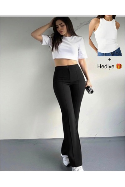 glanour بنطال بالازو نسائي أسود عالي الخصر مخطط على الساق