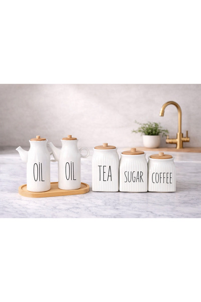 Pembelia Life 6 Parça Bambu Standlı 2’li 1000 ml Yağdanlık Ve 3’lü Porselen Ç...