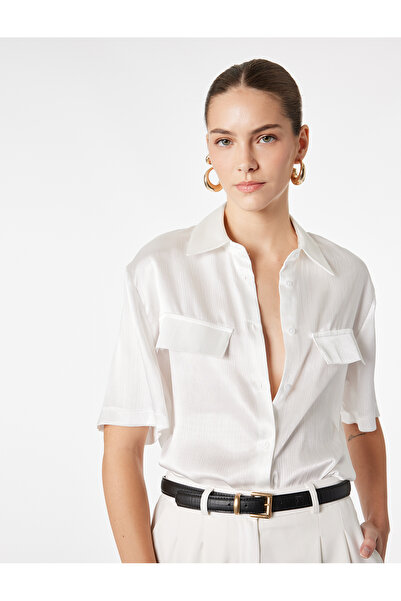 Koton Classic Collar Short Sleeve Satin Shirt with Appliqué Detail