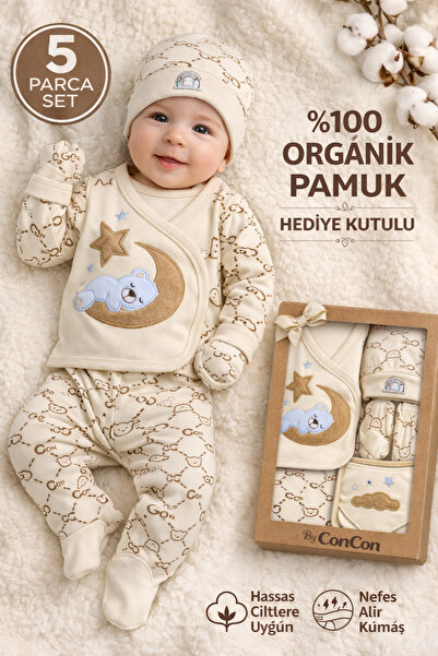ConconBebe Hediye Kutulu Yenidoğan 5’li Organik Hastane Çıkış Seti %100 Pamuk...