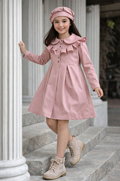 ELAFOR Δερμάτινο μπουφάν/παλτό/καμπαρντίνα/αδιάβροχο για κορίτσια με βολάν επ...