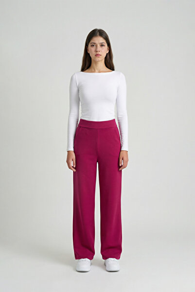 MODASPARK Burgundy High Waist Lycra Straight Cut Women's Palazzo Trousers wit...