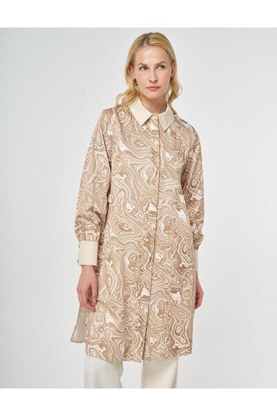 Kayra Marbling Pattern Cotton Long Tunic Beige