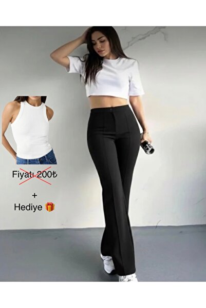 glanour Kadın Siyah Yüksek Bel Toparlayıcı İspanyol Paça Çımalı Palazzo Pantolon