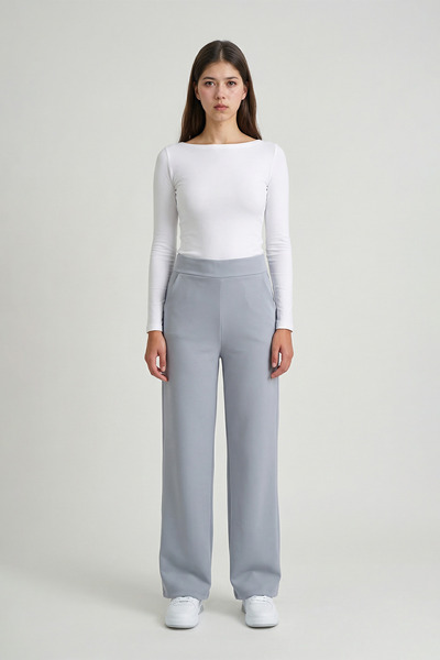 MODASPARK Γκρι ψηλόμεσο γυναικείο παντελόνι Palazzo από Lycra με ίσια γραμμή ...