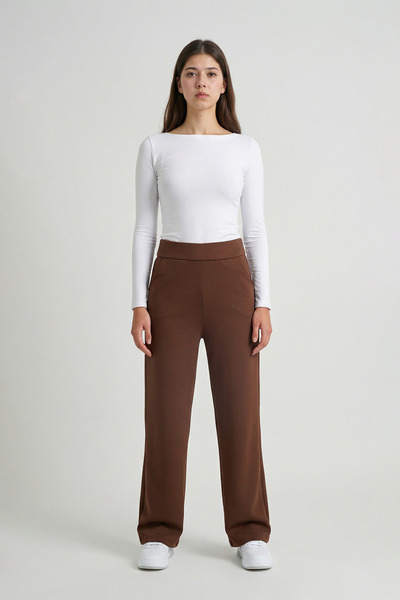 MODASPARK Καφέ ψηλόμεσο γυναικείο παντελόνι παλάτσο από λύκρα με ίσια γραμμή ...