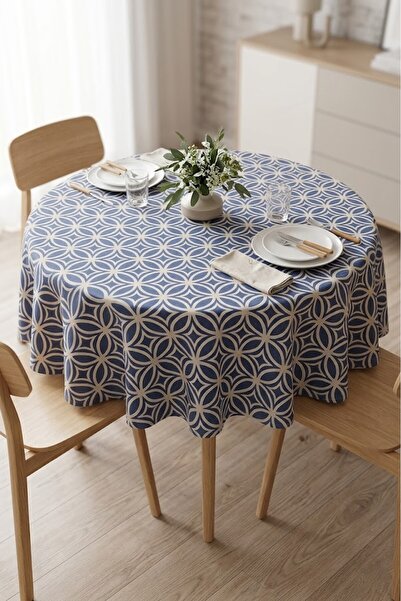Rona Home Κορυφαίας ποιότητας μπλε λευκό στρογγυλό τραπεζομάντιλο με γεωμετρι...