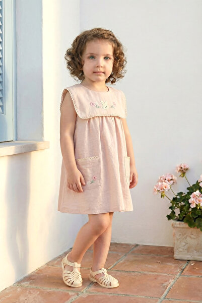 Minipodyum Kız Bebek Elbise Keten Yazlık Bebe Yaka