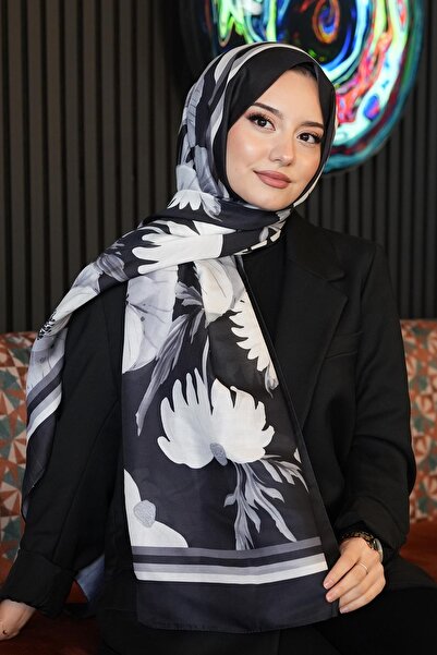 AFVENTE Μαύρο μαλακό βαμβακερό σάλι με σχέδιο Gelincik