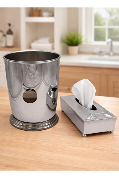 ALQANNAS Silver Trash Bin and Tissue Box Set | High-Quality Elegant Bin & Tis...