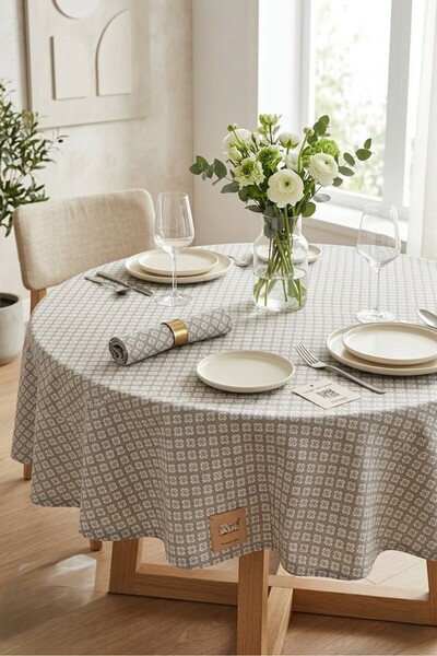 Rona Home Στρογγυλό τραπεζομάντιλο με γκρι λουλούδια - Πολυτελές ύφασμα ποιότ...