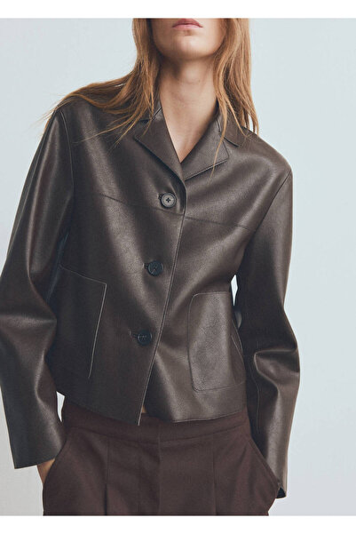 MANGO Woman Deri görünümlü cepli ceket