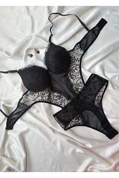 İNKO İÇ GİYİM Μαύρο κορμάκι από τούλι με φλοράλ σχέδια και ενισχυμένη υποστήριξη