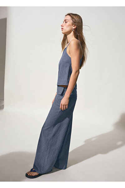 Mango Teen Çizgili wide leg jean pantolon