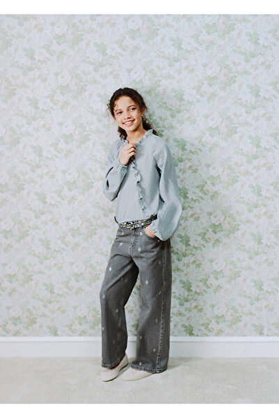 MANGO Kids Strass taşlı wide leg jean pantolon