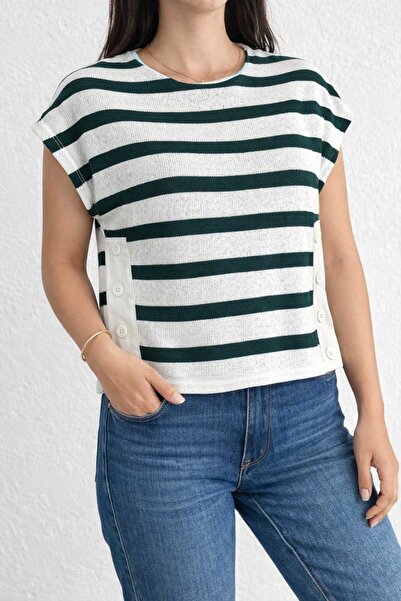 Benedetto Νέα σεζόν Γυναικεία λεπτή καλοκαιρινή πλεκτή μπλούζα με ριγέ λαιμόκ...