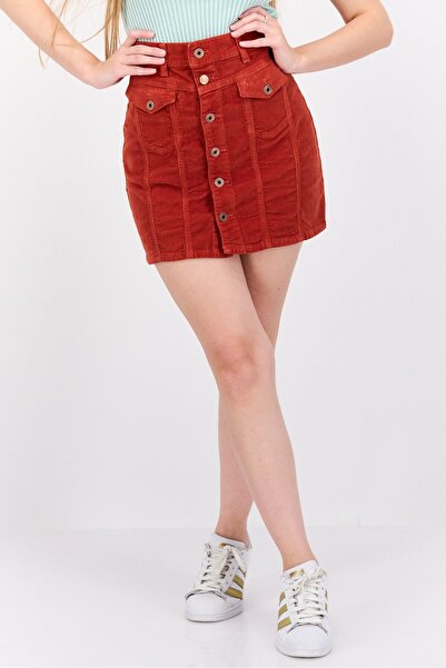 Pepe Jeans Women Textured High Waist Mini Skirt, Rust Brown
