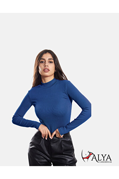 ALYA UNDERWEAR Μπλε φούτερ με μισό λαιμό καμιζόλα με ραβδώσεις και Lycra - ΕΚ...