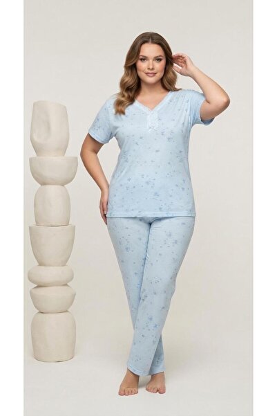 MEBA Women's Mom Plus Size Patterned Collared Buttoned Short Sleeve Combed Cotton Pajama Set