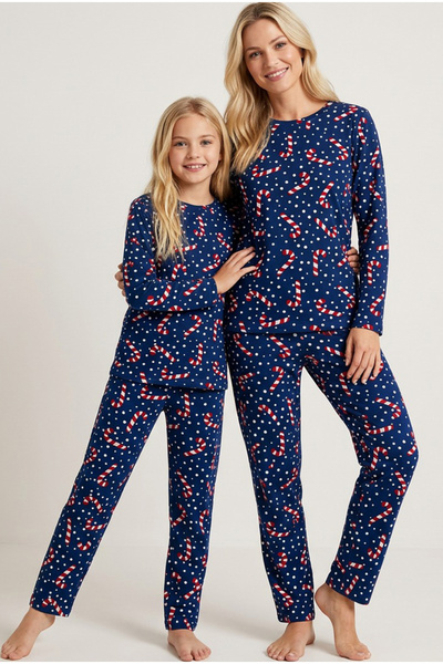 Siyah İnci lacivert %100 Pamuklu puanlı şeker baston desenli yılbaşı temalı Ö...