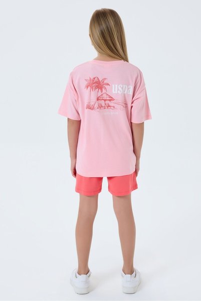 U.S. Polo Assn. Girl's Crew Neck Embroidered Summer Regular Fit Pink Shorts Set Us2512-C-V2