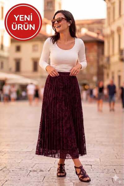 BETES Women's Tulle Flock Printed Pleated Lined Skirt with Elastic Waist, Sty...