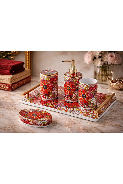 esdekor Lilyum Desenli 5’li Porselen Banyo Set 31x20,5x20cm Dekoratif Tepsili...