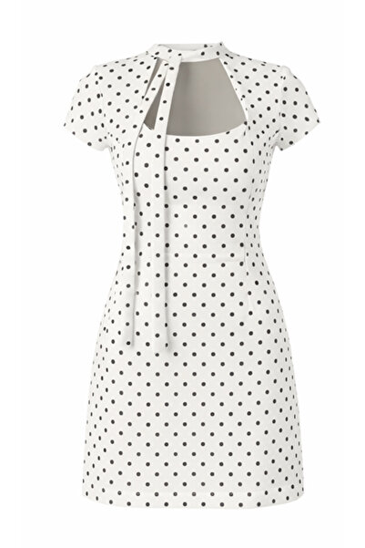 D'RECCY Γυναικείο κοντό υφαντό φόρεμα εκρού με λεπτομέρεια φιόγκου και πουά σ...