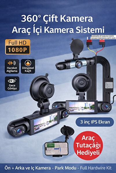 Qifit 360° 4 Kanal Araç İçi Kamera 1080P Full HD Gece Görüşlü G-Sensörlü Park...