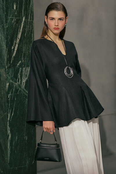 Manuka %100 KETEN VOLÜMLÜ TUNİK SİYAH