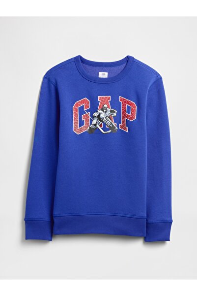 GAP Erkek Çocuk Kobalt Mavisi Crewneck Grafik Baskılı Sweatshirt