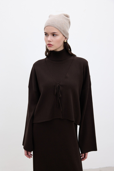 Manuka Καφέ Πλεκτή Ζακέτα - Σχέδιο με κορδόνια