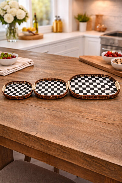 Chefstar 3'LÜ DEKORATİF SERVİS TEPSİSİ KULPLU MASA ÜSTÜ SUNUM TEPSİSİ MUTFAK ...