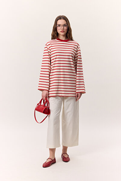 Manuka Gestreiftes Langarm-Oversize-T-Shirt Rot