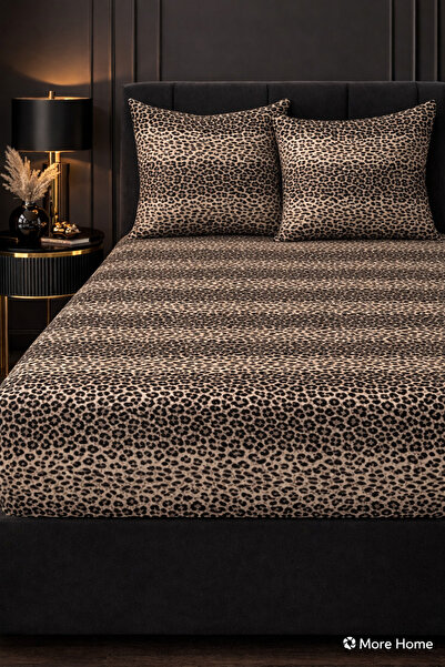 MORE HOME Single Elastic Sheet Set + Pillowcase Leopard Patterned Beige Black