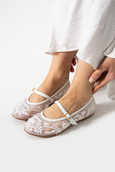 Madrid Beyaz Boncuk Nakış Işlemeli Yazlık Gelinlik Ayakkabısı Kadın File Babet
