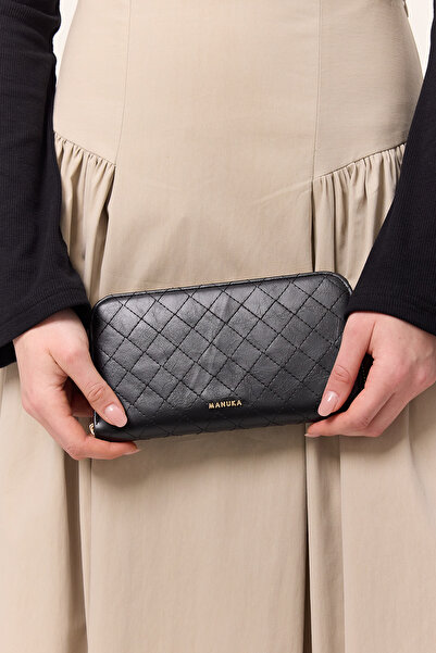 Manuka PROŠÍVANÁ ŠIROKÁ PENĚŽENKA NA zip ČERNÁ