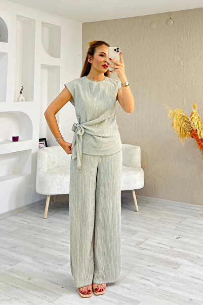 Paw Garage Γυναικείο Σετ Παντελόνι με Μπλούζα από Κρινκλικό Ύφασμα με Λεπτομέ...