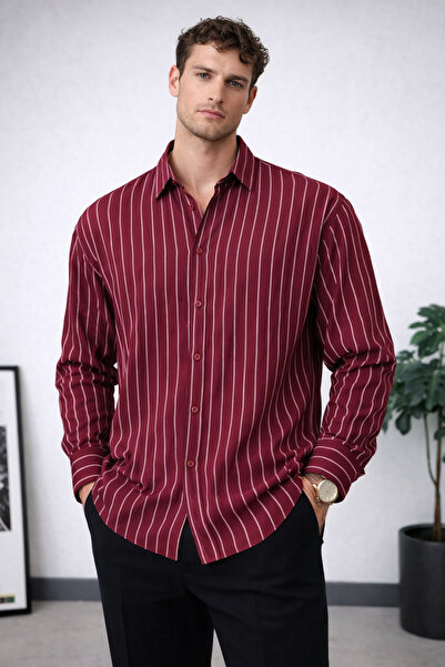 İLKCET MODA Woven Fabric Burgundy Oversize Men's Shirt