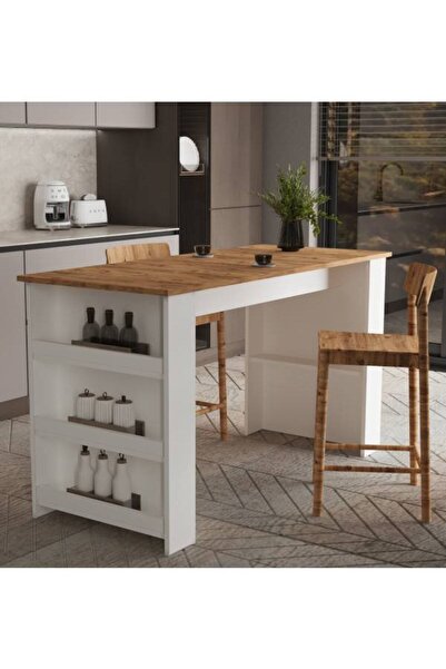 Alfimo Mobilya VEGAS BAR MASASI RAFLI GENİŞ MUTFAK YEMEK MASASI BEYAZ&ATLANTİ...