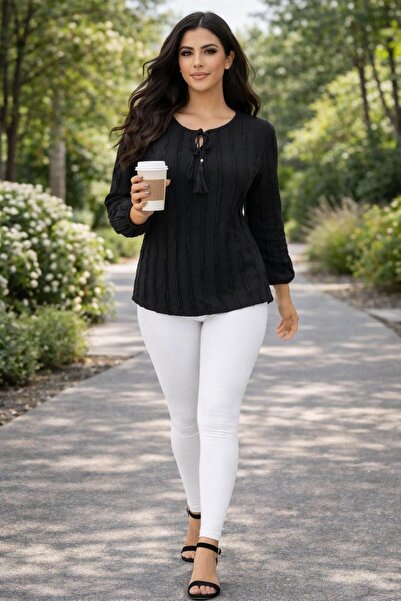 THEBEK Γυναικεία μπλούζα με δεμένο γιακά, από ύφασμα Fır Fır, με μακριά μανίκια