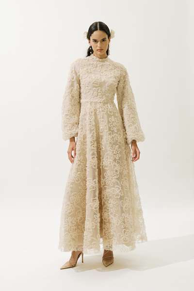 Manuka KABARIK ÇİÇEKLİ UZUN KOL ABİYE ELBİSE İNCİ